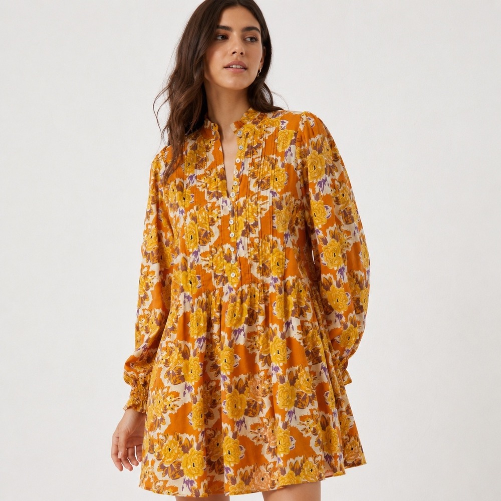 Suncoo Paris Floral Cotton Mini Dress Womens T1 Small Orange Boho Cottagecore